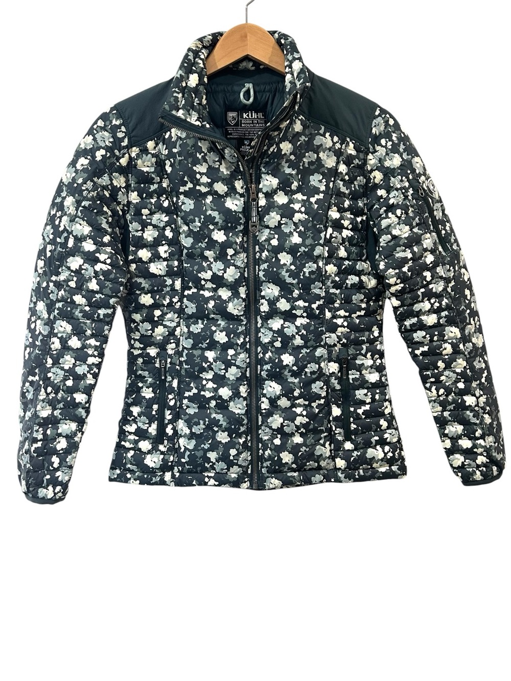 Kuhl women’s Spyfire Down Jacket XS green floral puffer outdoor snow